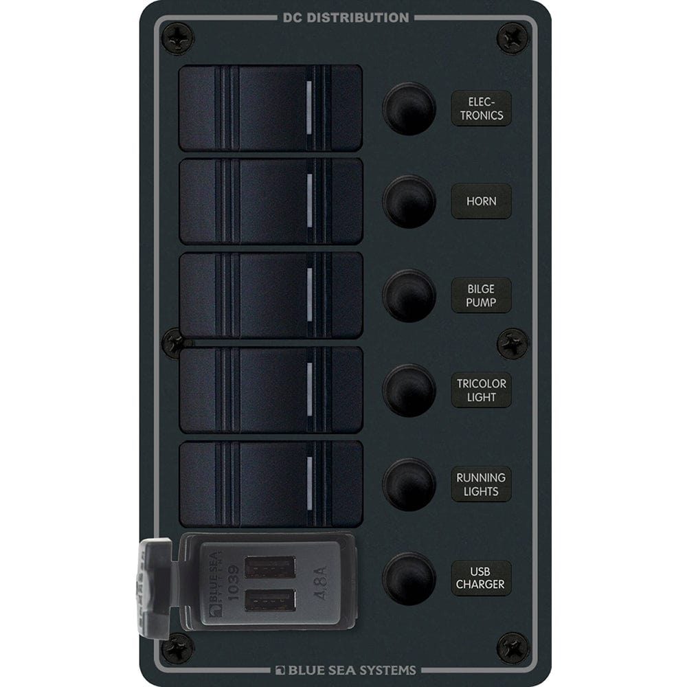 Blue Sea 8521 - 5 Position Contura Switch Panel w/Dual USB Chargers - 12/24V DC - Black [8521] - The Happy Skipper