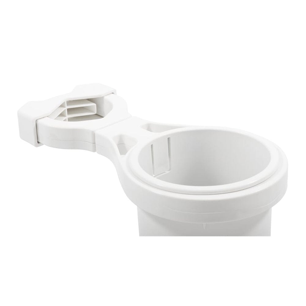 Camco Clamp-On Rail Mounted Cup Holder - Small for Up to 1-1/4" Rail - White [53086] - The Happy Skipper