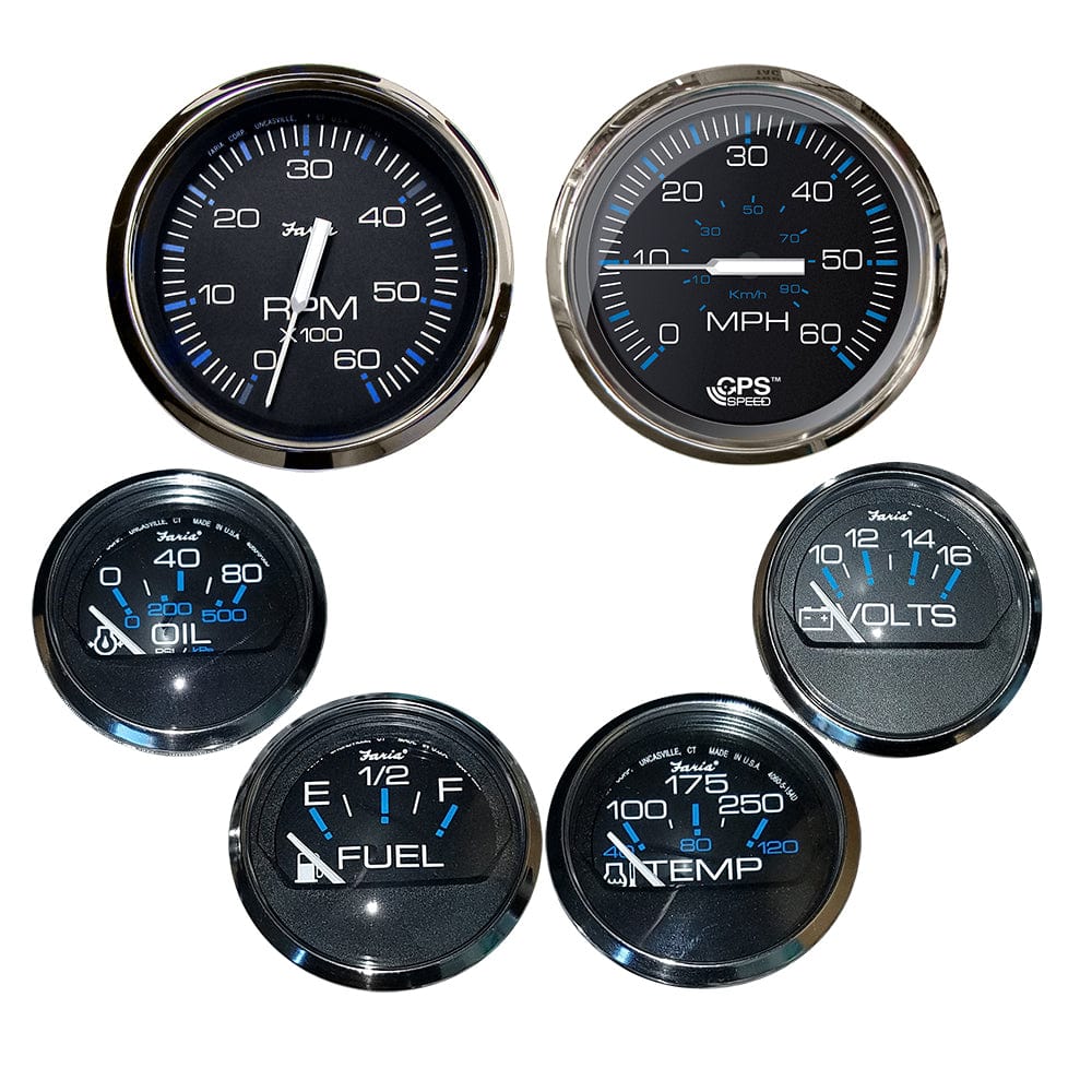 Faria Chesapeake Black w/Stainless Steel Bezel Boxed Set of 6 - Speed, Tach, Fuel Level, Voltmeter, Water Temperature Oil PSI - Inboard Motors [KTF064] - The Happy Skipper