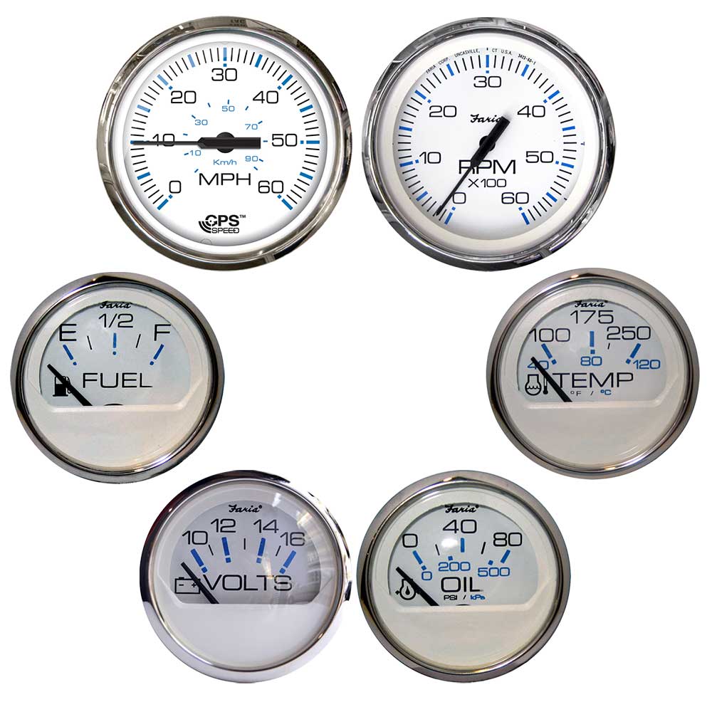 Faria Chesapeake White w/Stainless Steel Bezel Boxed Set of 6 - Speed, Tach, Fuel Level, Voltmeter, Water Temperature Oil PSI - Inboard Motors [KTF063] - The Happy Skipper