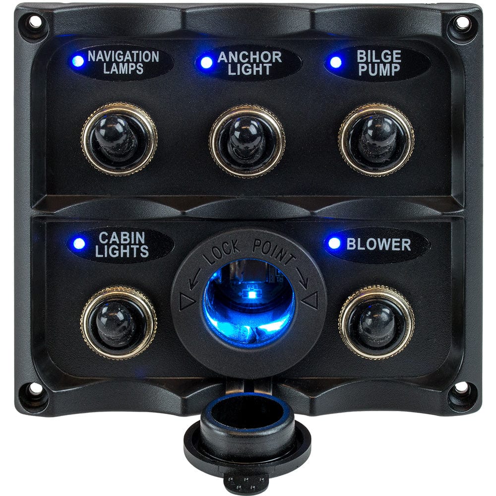Sea-Dog Water Resistant Toggle Switch Panel w/LED Power Socket - 5 Toggle [424627-1] - The Happy Skipper