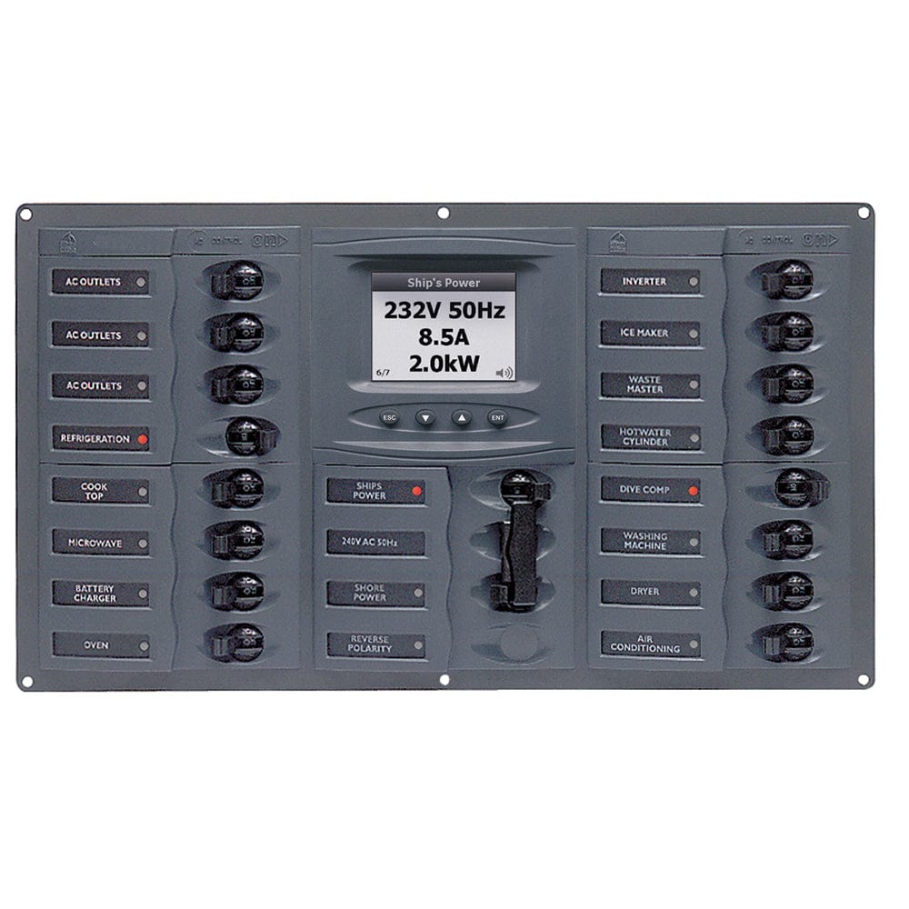 BEP AC Circuit Breaker Panel w/Digital Meters, 16SP 2DP AC120V ACSM Stainless Steel Horizontal [900-AC4-ACSM-110] - The Happy Skipper