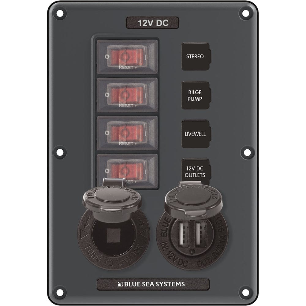 Blue Sea 4321 Circuit Breaker Switch Panel 4 Position - Gray w/12V Socket Dual USB [4321] - The Happy Skipper