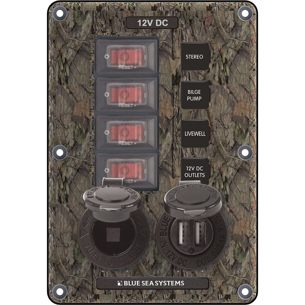 Blue Sea 4324 Circuit Breaker Switch Panel 4 Postion - Camo w/12V Socket Dual USB [4324] - The Happy Skipper