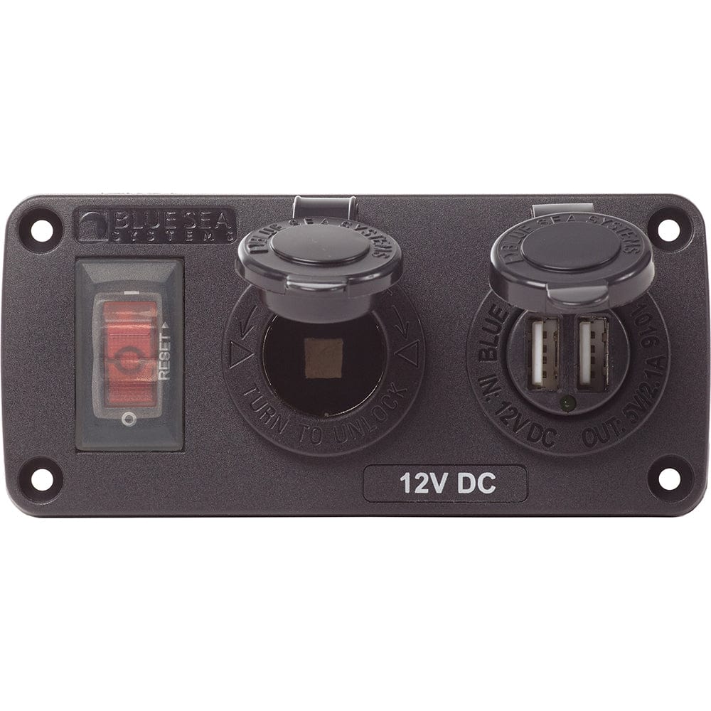 Blue Sea 4363 Water Resistant USB Accessory Panels - 15A Circuit Breaker, 12V Socket, 2.1A Dual USB Charger [4363] - The Happy Skipper