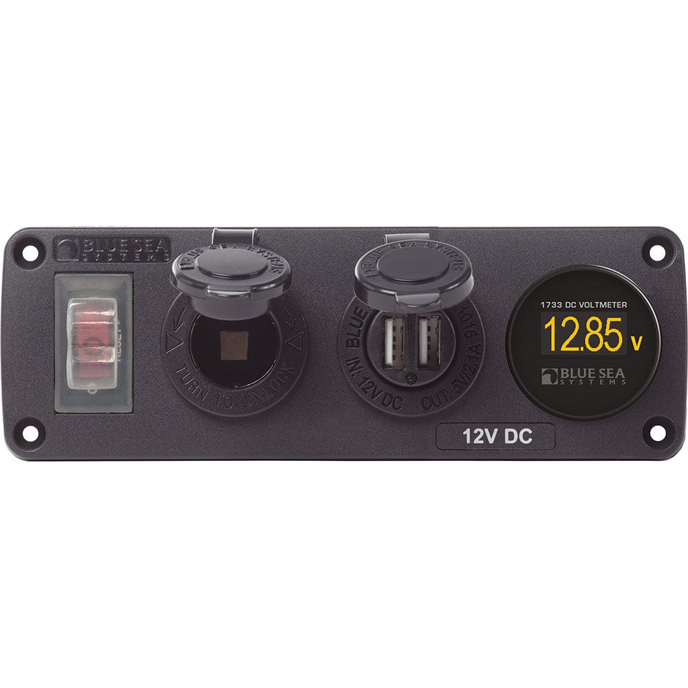 Blue Sea 4366 Water Resistant USB Accessory Panel - Circuit Breaker, 12V Socket, Dual USB Charger, Mini Voltmeter [4366] - The Happy Skipper