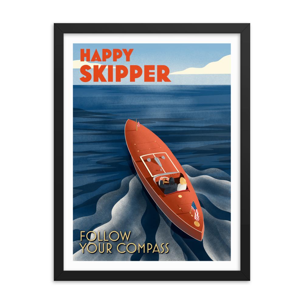 Happy Skipper Follow Your Compass™ Motor Launch Framed photo paper poster - The Happy Skipper