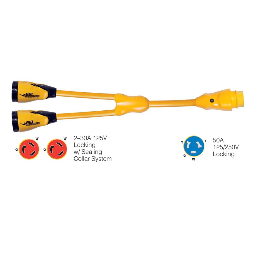 Marinco Y504-2-30 EEL (2)-30A-125V Female to (1)50A-125/250V Male "Y" Adapter - Yellow [Y504-2-30] - The Happy Skipper