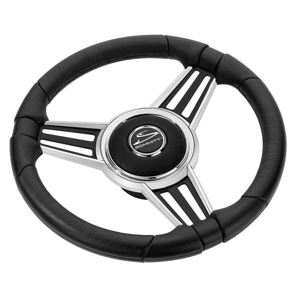 Schmitt Marine PU30 14" Wheel - Chrome Cap Spoke Inserts - Black Spokes - 3/4" Tapered Shaft [PU301404-44] - The Happy Skipper