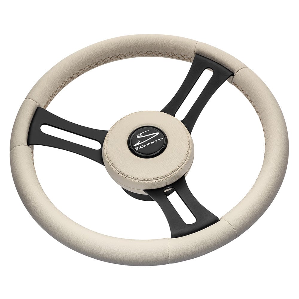 Schmitt Marine Torcello Elite 14" Wheel - Beige Leather Cap - White Stitching - Black SS Spokes - 3/4" Tapered Shaft [PU081B11] - The Happy Skipper