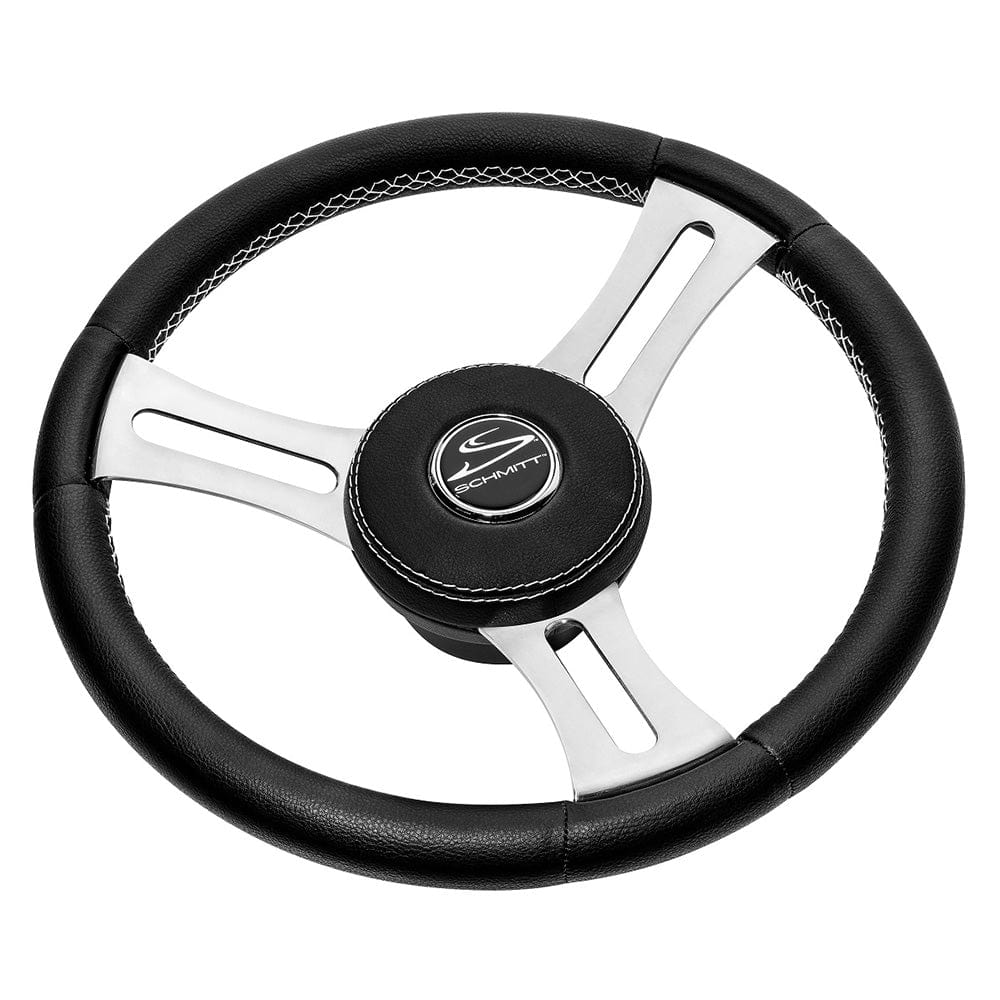 Schmitt Marine Torcello Elite 14" Wheel - Black Leather Cap - White Stitching - Polished SS Spokes - 3/4" Tapered Shaft [PU085241] - The Happy Skipper