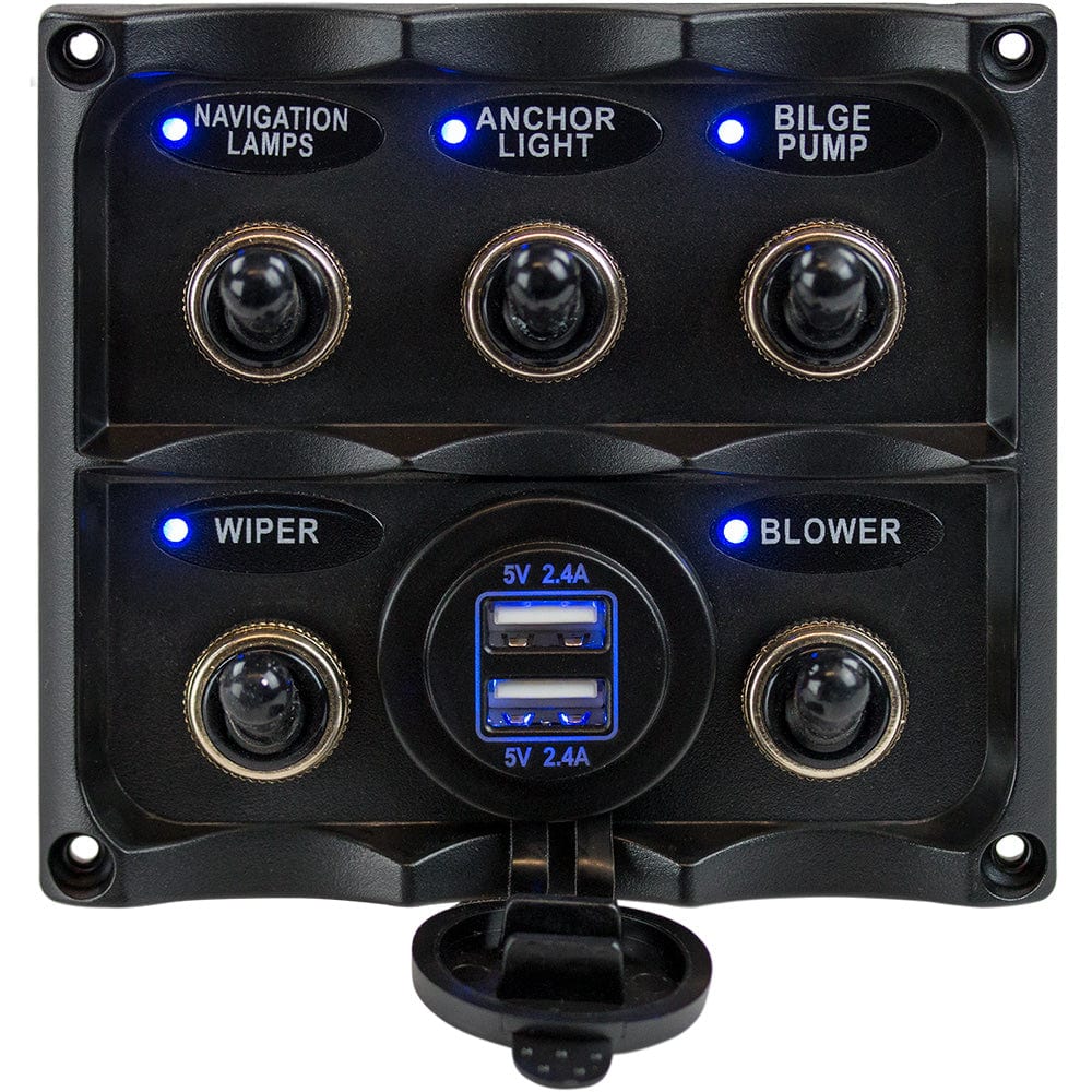 Sea-Dog Water Resistant Toggle Switch Panel w/USB Power Socket - 5 Toggle [424617-1] - The Happy Skipper