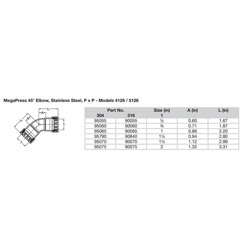 Viega MegaPress 1-1/2" 45 Stainless Steel 304 Elbow - Double Press Connection - Smart Connect Technology [95070] - The Happy Skipper