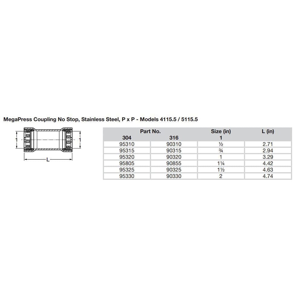 Viega MegaPress 1/2" Stainless Steel 304 Coupling w/o Stop - Double Press Connection - Smart Connect Technology [95310] - The Happy Skipper