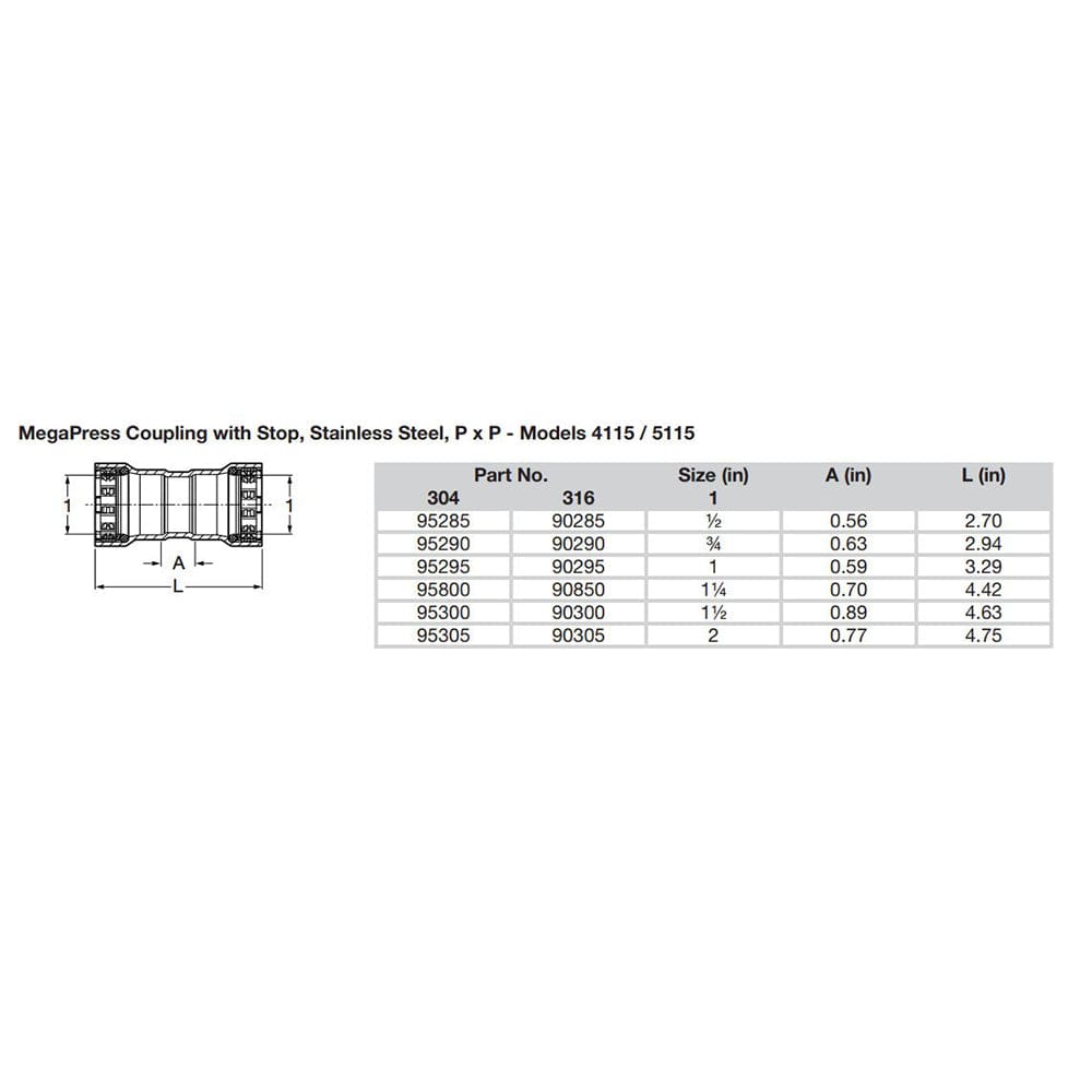 Viega MegaPress 1/2" Stainless Steel 304 Coupling w/Stop - Double Press Connection - Smart Connect Technology [95285] - The Happy Skipper