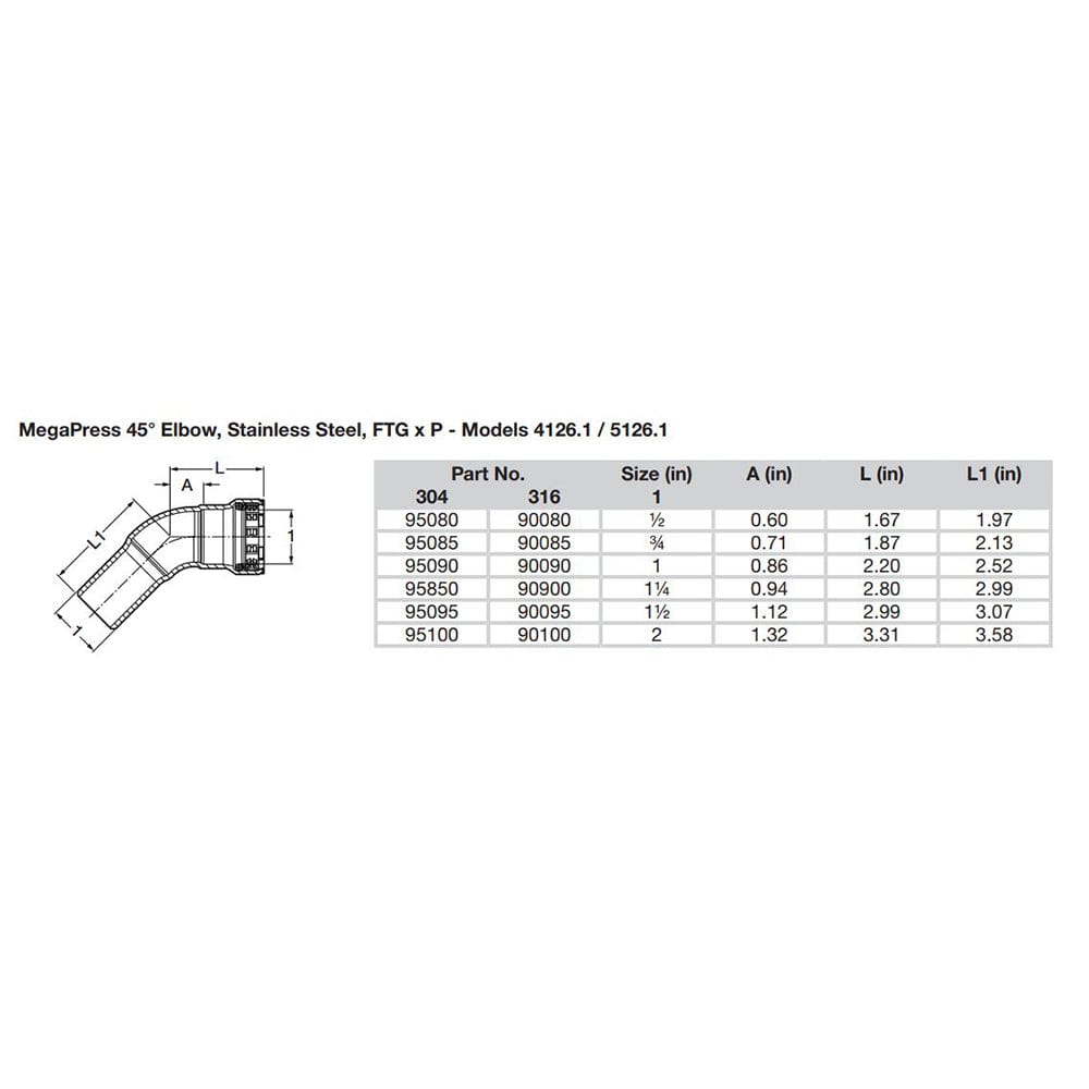 Viega MegaPress 3/4" 45 Stainless Steel 304 Elbow Street - Press Connection - Smart Connect Technology [95085] - The Happy Skipper
